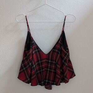 Plaid V-Neck Spaghetti Strap Crop Top - Red